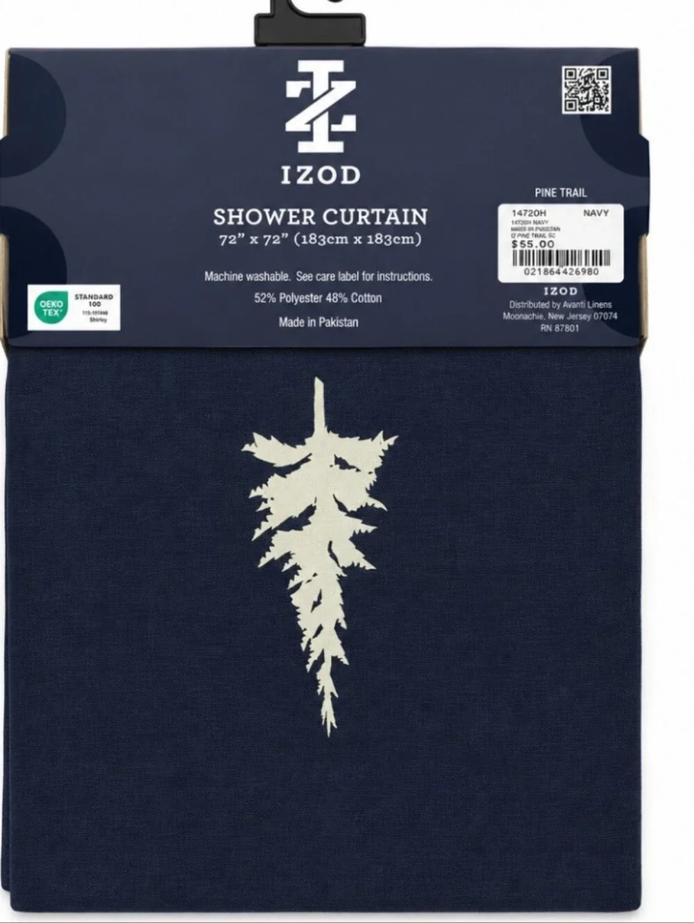Izod Navy Shower Curtain with Cream Pine Motif 72